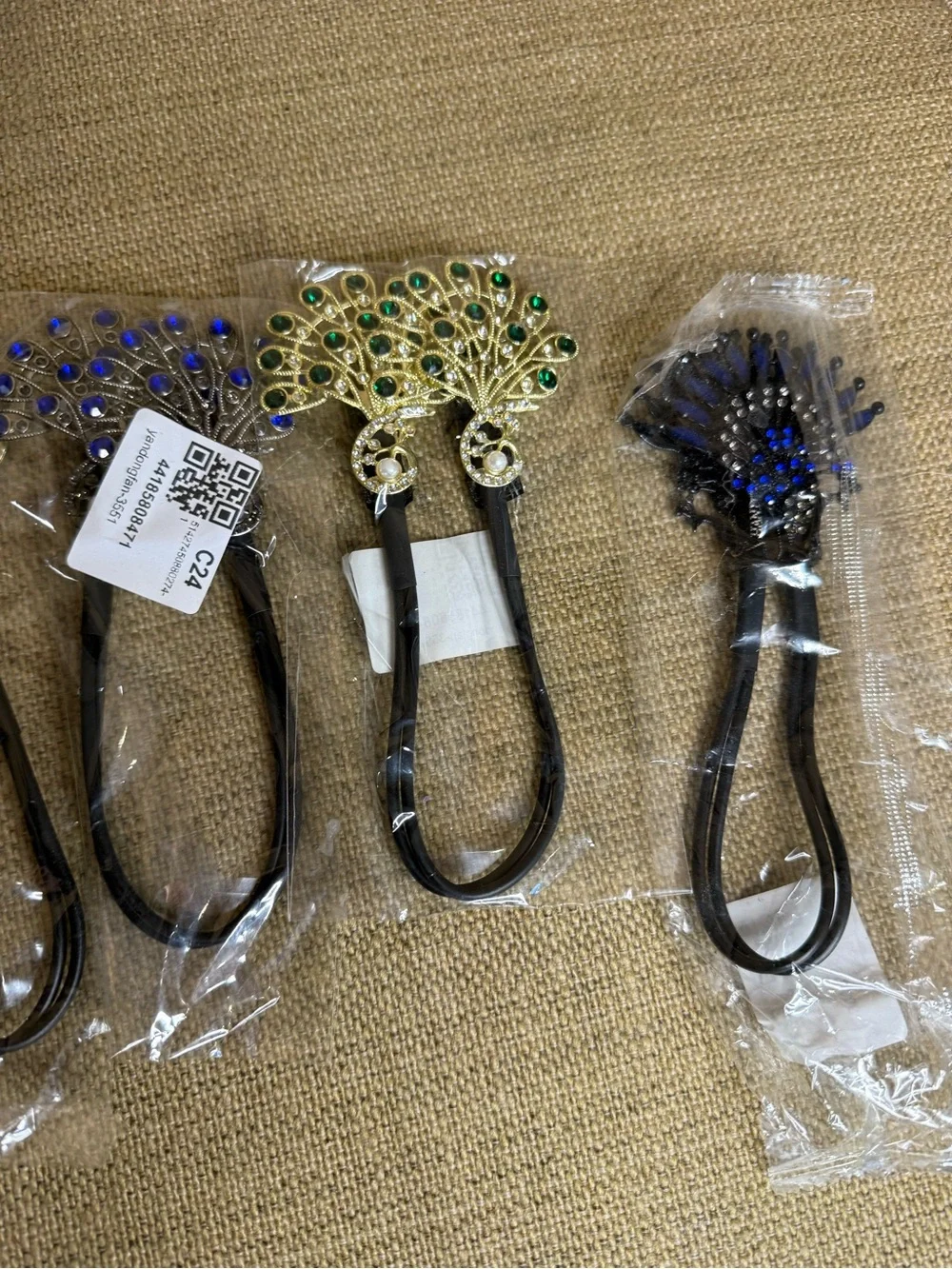 New***Jeweled Peacock Hair Tie - Gold with Multicolor Stones-set of 5